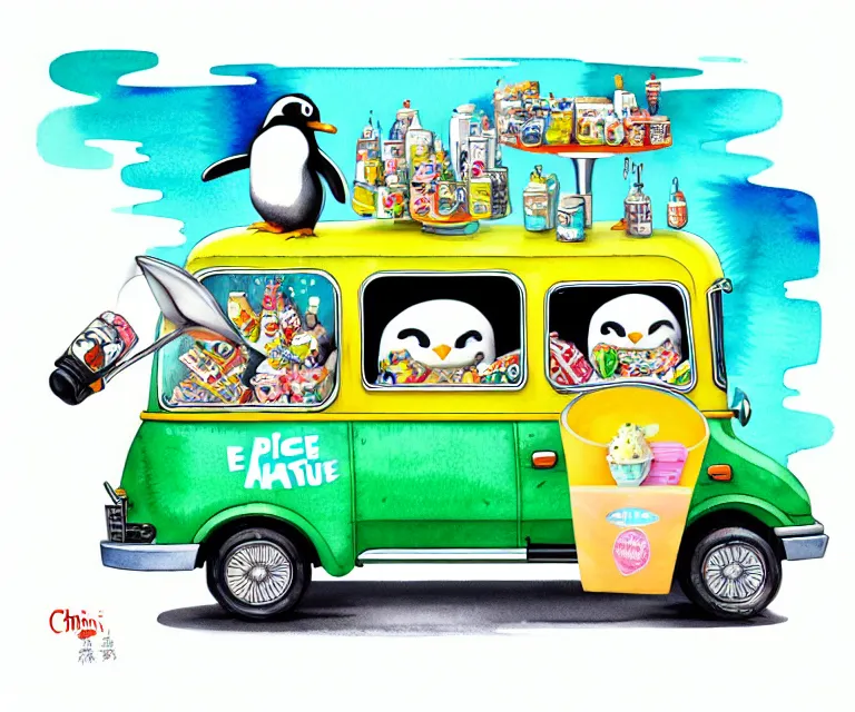 Prompt: cute and funny, penguin riding in a tiny ice cream truck with an oversized engine, ratfink style by ed roth, centered award winning watercolor pen illustration, isometric illustration by chihiro iwasaki, edited by range murata, tiny details by artgerm and watercolor girl, symmetrically isometrically centered, sharply focused