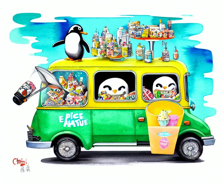 Image similar to cute and funny, penguin riding in a tiny ice cream truck with an oversized engine, ratfink style by ed roth, centered award winning watercolor pen illustration, isometric illustration by chihiro iwasaki, edited by range murata, tiny details by artgerm and watercolor girl, symmetrically isometrically centered, sharply focused