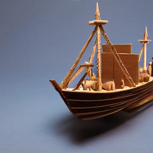 Prompt: high quality studio photography of Noah's Ark wooden model, highly detailed, solid background