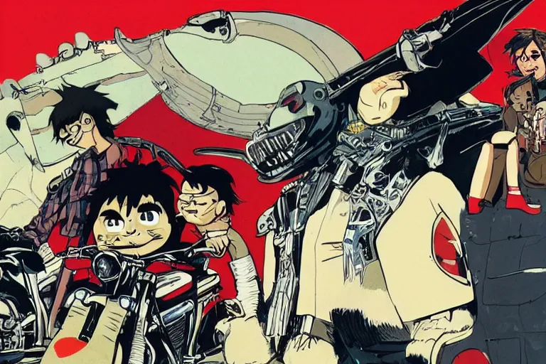 Image similar to pizza the hut, akira's motorcycle, gorillaz, poster, high quality