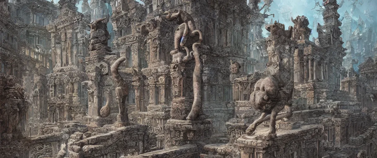 Prompt: a beautiful and highly detailed digital painting of an ancient city with stone statues of anthropomorphic Feline Gods by Feng Zhu and Daniel Merriam | graphic novel, illustration:.4