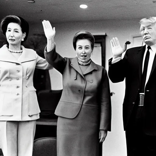 Prompt: A photo from the 1960s shows Pelosi and Trump saluting in Chinese military uniforms.