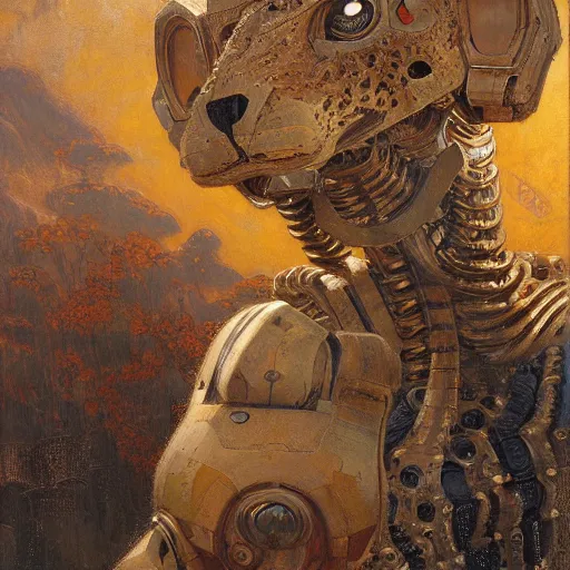 Prompt: highly detailed portrait of an humanoid robotic cheetah mecha, painting by gaston bussiere, craig mullins, j. c. leyendecker, lights, art by ernst haeckel, john william godward, hammershøi,