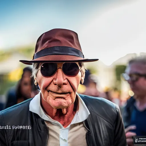 Image similar to harrison ford trick or treating on halloween, ( sony a 7 r iv, symmetric balance, polarizing filter, photolab, lightroom, 4 k, dolby vision, photography awardm, voque, perfect face )