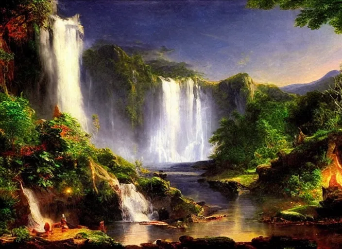 Prompt: epic waterfall planetscape, glowing river scene, serene mood, in style of frederic edwin church