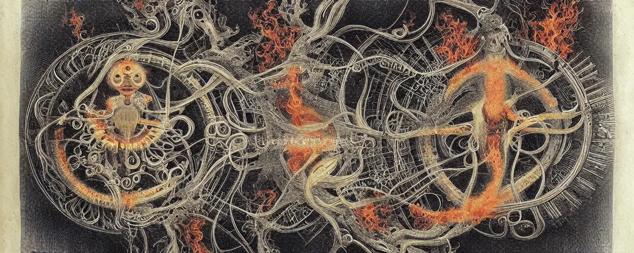 Image similar to a strange fire creature with endearing eyes radiates a unique canto'as above so below'while being ignited by the spirit of haeckel and robert fludd, breakthrough is iminent, glory be to the magic within, in honor of saturn, painted by ronny khalil