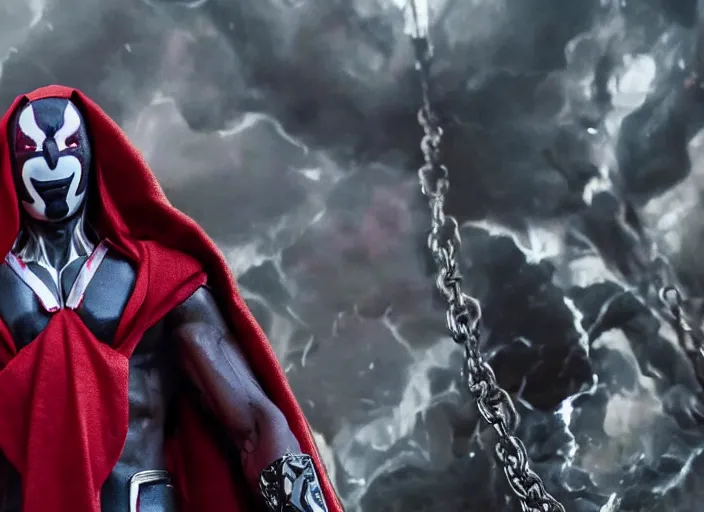 Image similar to film still of michael b jordan as spawn in the new spawn movie, giant chains, large cape, 8 k