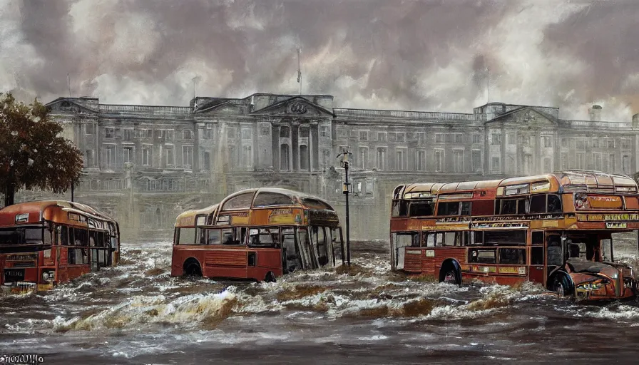 Prompt: A detailed render of a post apocalyptic scene of Buckingham palace in London ruined and devastated by flooding, broken down rusty london buses in flood water, sci-fi concept art, by Syd Mead, highly detailed, oil on canvas