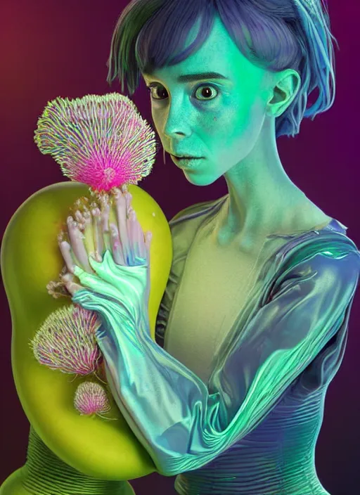 Image similar to hyper detailed 3d render like a Oil painting - kawaii portrait Aurora (an astronaut girl with suit like a skeksis from dark crystal that looks like millie bobby brown and Krysten Ritter) seen Eating of the Strangling network of yellowcake aerochrome and milky Fruit and His delicate Hands hold of gossamer polyp blossoms bring iridescent fungal flowers whose spores black the foolish stars by Jacek Yerka, Ilya Kuvshinov, Mariusz Lewandowski, Houdini algorithmic generative render, Abstract brush strokes, Masterpiece, Edward Hopper and James Gilleard, Zdzislaw Beksinski, Mark Ryden, Wolfgang Lettl, hints of Yayoi Kasuma, octane render, 8k