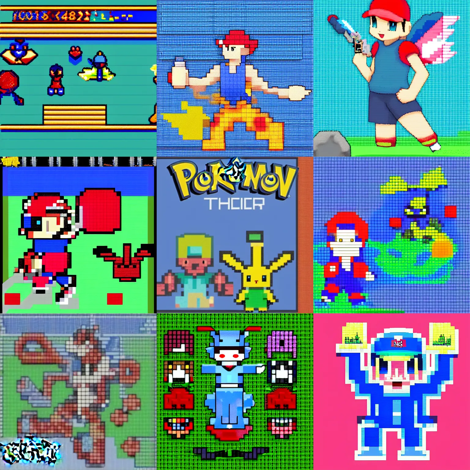 Prompt: Pokemon trainer with a blue hot, pixel art