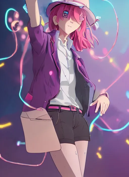 Image similar to a young woman, with a wavy short pink hair and pink fedora hat, wearing a light pink jacket with a dark blue tie, purple gloves and blue jeans shorts and white shoes. She is holding blue neon strings tied on her hand, rich vivid colors, ambient lighting, dynamic lighting, 4k, official media, anime key visual, makoto shinkai, ilya kuvshinov, lois van baarle, rossdraws, detailed, trending on artstation