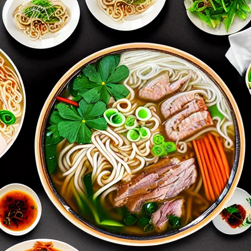 Image similar to flatlay realistic photo of delicious pho, ramen, aesthetic table cloth, highly detailed, by marc haydon, kailee mandel, masterpiece, 8 k hd, award winning, artstation,