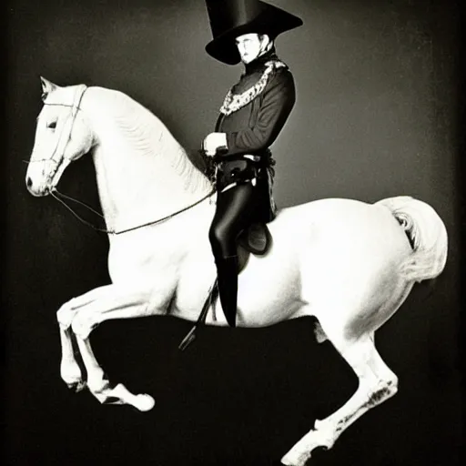 Prompt: Napoleon on a horse, black and white portrait photograph by Anton Corbijn