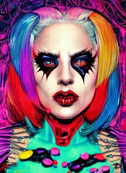 Prompt: beautiful lady gaga as harley quinn, horror, high details, bright colors, vivid, intricate details, by vincent di fate, artgerm julie bell beeple, 1 9 8 0 s, inking, vintage 8 0 s print, screen print