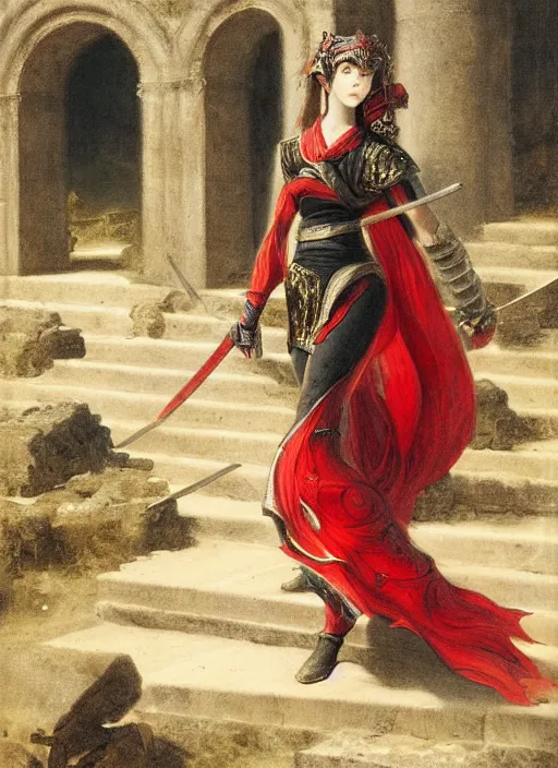 Prompt: woman in dark and red princess dragon armor, she is holding a katana sword, walking on the mystical ancient ruins. by william henry hunt