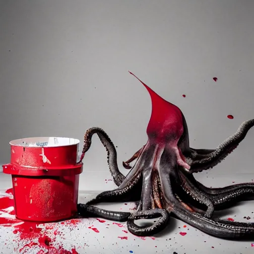 Prompt: a clean studio photography set, there is a bucket of red paint and it has just viciously exploded, there is paint EVERYWHERE, even on the octopus, incredible beautiful ambient light