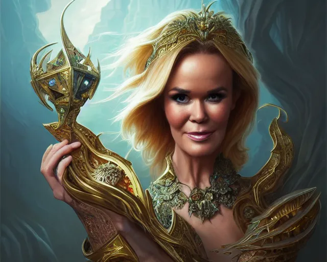 Image similar to product photography inspired by amanda holden, deep focus, d & d, fantasy, intricate, elegant, highly detailed, digital painting, artstation, concept art, matte, sharp focus, illustration, hearthstone, art by artgerm and greg rutkowski and alphonse mucha