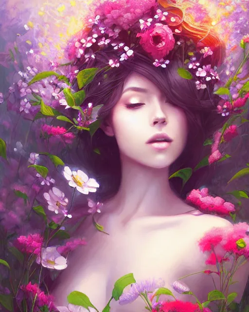 Prompt: a painting of a beautiful woman surrounded by flowers, an ultrafine detailed painting by ross tran, full body, featured on deviantart, fantasy art, detailed painting, deviantart, anime
