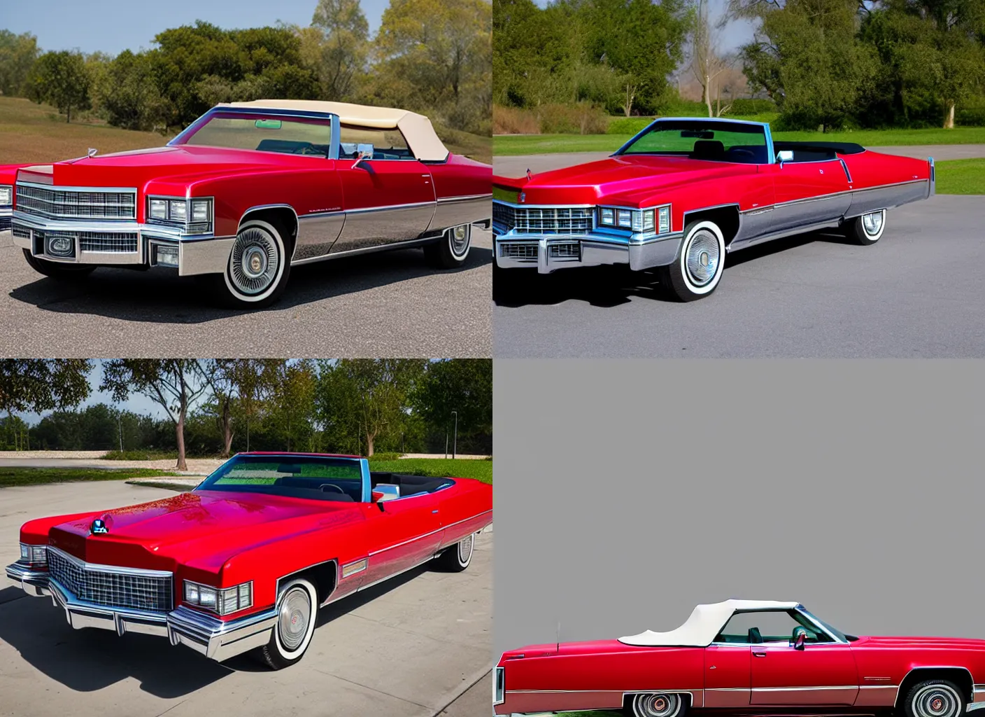 Prompt: epic front view of red 1975 cadillac eldorado convertible, sigma 200mm intricate, medium distance shot