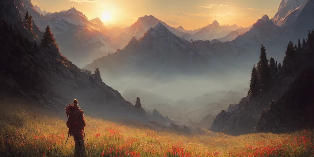 Image similar to everyday we drift further from reality, first light, mountains, meadow, wildflowers, clouds, dramatic lighting, sunrise, by greg rutkowski and jeffrey smith, trending on artstation