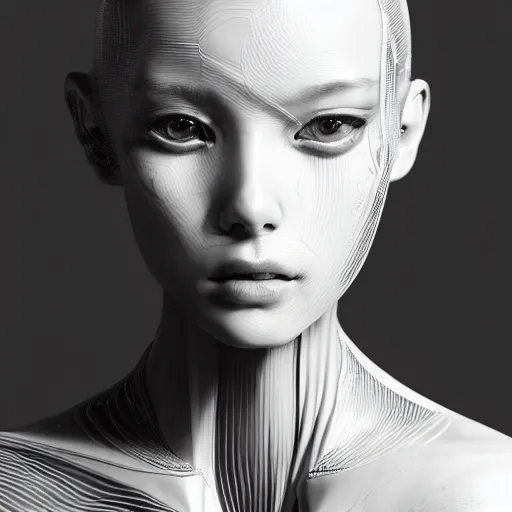 Prompt: the portrait of an absurdly beautiful, graceful, sophisticated, fashionable cyberpunk gravure idol, an ultrafine hyperdetailed illustration by kim jung gi, irakli nadar, matt wisniewski, fashion photography, intricate linework, iridescent wiring, porcelain skin, unreal engine 5 highly rendered, global illumination, radiant light, detailed and intricate environment