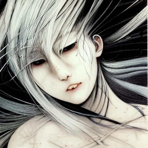 Image similar to Yoshitaka Amano realistic illustration of an anime girl with white hair and cracks on her face wearing dress suit with tie fluttering in the wind, abstract black and white patterns on the background, noisy film grain effect, highly detailed, Renaissance oil painting, weird portrait angle