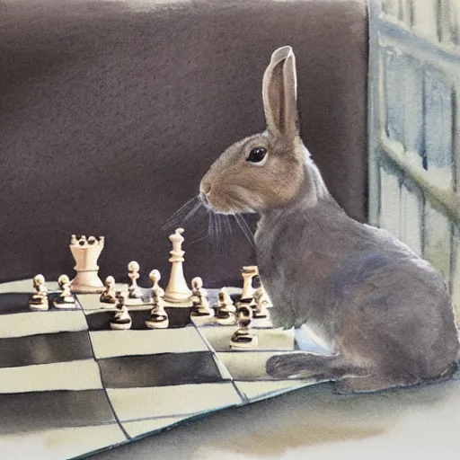 Image similar to first person view, playing chess against a rabbit, watercolour realism