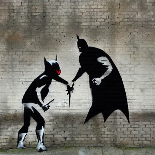 Image similar to batman in love, banksy style, realistic, smooth, sharp focus