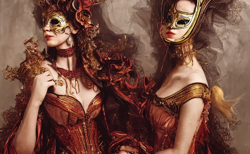 Prompt: realistic detailed portrait of the enchanted venice carnival with dancing masked women, behance hd artstation, minimalist design, by moebius, ayami kojima, amano, greg hildebrandt, rembrandt!, feminine, female, sexy, seductive, cyberpunk, neo - gothic, gothic!!, character concept design, dynamic light