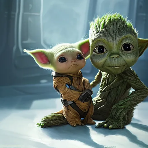 Image similar to babyyoda ( 2 0 2 1 ) and babygroot ( 2 0 1 7 ) are friends. photorealistic, digital art, epic fantasy, dramatic lighting, cinematic, extremely high detail, cinematic lighting, trending, artstation, cgsociety, 3 d ue 5, 4 k, hq