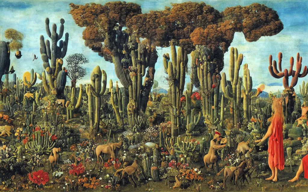 Prompt: landscape with a meditating centaur shaman and a striped werewolf feeding animals. surrounded by bulbous flowers, animals and a few trees and cacti. river delta with cliffs under a blue sky of burning stars. painted by jan van eyck, max ernst, ernst haeckel, ernst fuchs and artgerm, trending on cgsociety, gouache