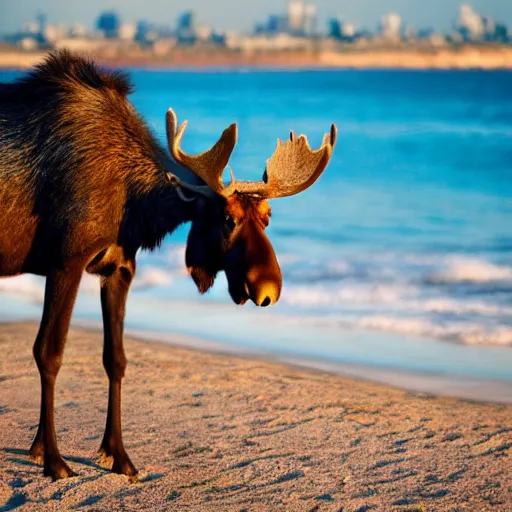 Image similar to photo of a moose at the beach in Tel Aviv, 50mm, beautiful photo