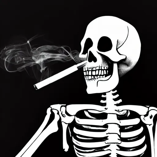 Image similar to skeleton smoking a cig, black background, noir style