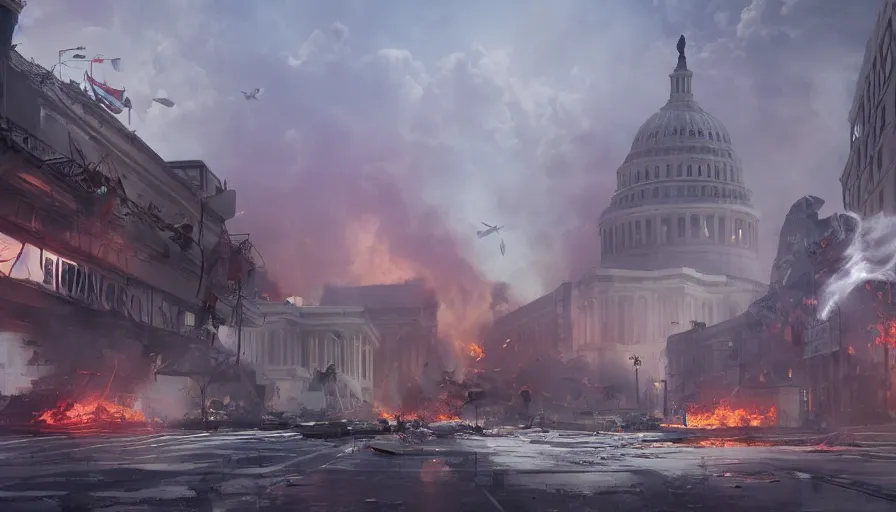 Prompt: washington dc destroyed by giant rabbits, fire, debris, smoke columns, hyperdetailed, artstation, cgsociety, 8 k