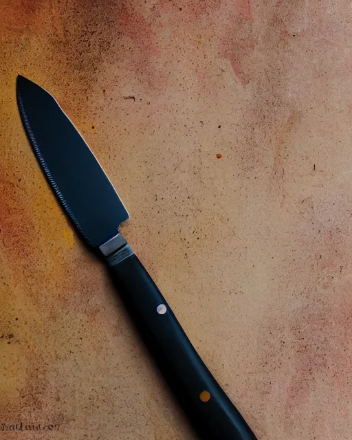 Prompt: A colorful studio photo of a kitchen knife with a black handle; bokeh, 90mm, f/1.4