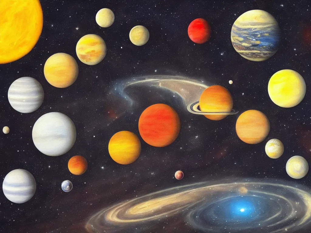 Image similar to A beautiful painting of a five planets, There are five planets that are black, white, yellow, red, and blue, behind the galaxy and the universe, Trending on artstation, graphic design, simple