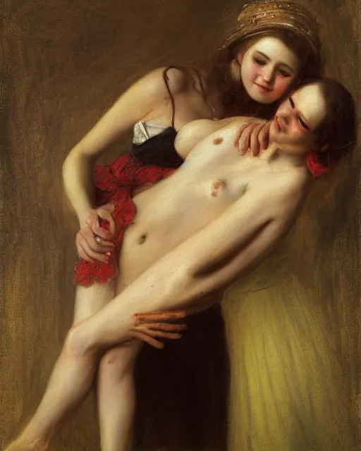 Image similar to a painting of a man holding a woman in his arms by vlaho bukovac, trending on deviantart, transgressive art, flemish baroque, furaffinity, renaissance painting