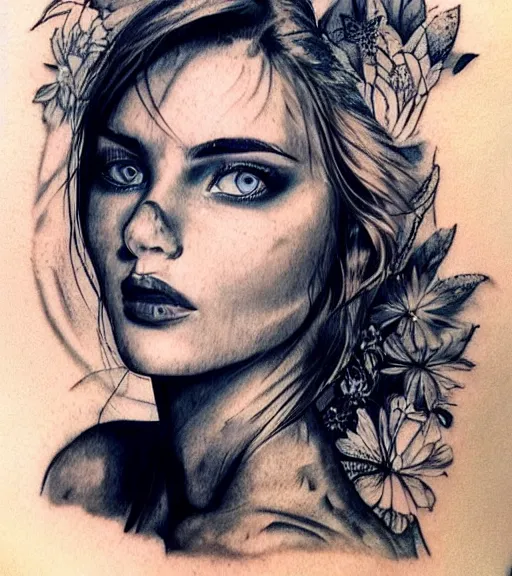 Prompt: tattoo design sketch of a beautiful blue - eyed woman face with a faded background of beautiful mountains and nature on her side, hyper - realistic, in the style of den yakovlev, amazing detail, black and white