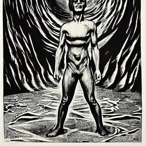 Image similar to A beautiful art installation of a small figure standing in the center of a dark, foreboding landscape. The figure is surrounded by strange, monstrous creatures, and there is a feeling of unease and dread. 1960s by Al Feldstein, by Frederick Lord Leighton spontaneous, muted