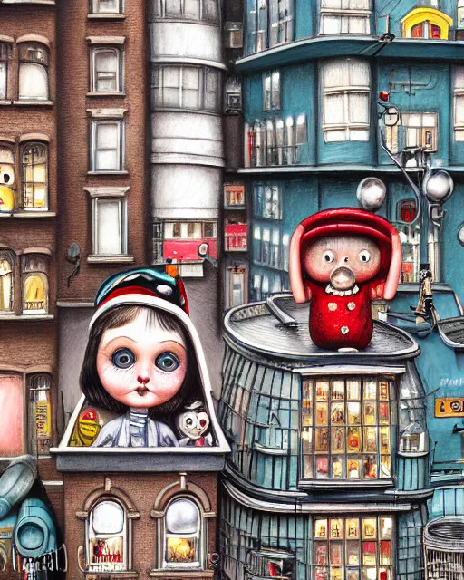 Image similar to highly detailed closeup, portrait of a tin toy london streets, hyper realistic, artstation, illustration, nicoletta ceccoli, mark ryden, lostfish, dan decarlo, bob clampett, max fleischer, digital paint, matte paint, vivid colors, detailed and intricate environment