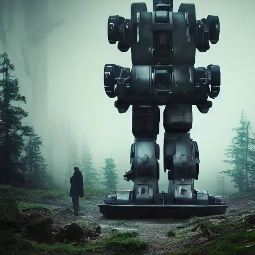 Image similar to A panoramic photograph of a giant robot working on a workstation in an uniform printing photos on a giant printer, around him 5 people are standing in a misty forest grove, large landscape, stars overhead, by Greg Rutkowski, 4k photorealistic, volumetric lighting, HD, high details, dramatic, trending on artstation