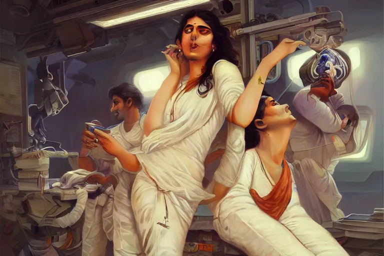 Image similar to Sensual good looking pale young Indian doctors wearing jeans partying in a space station above Earth performing surgery, portrait, elegant, intricate, digital painting, artstation, concept art, smooth, sharp focus, illustration, art by artgerm and greg rutkowski and alphonse mucha