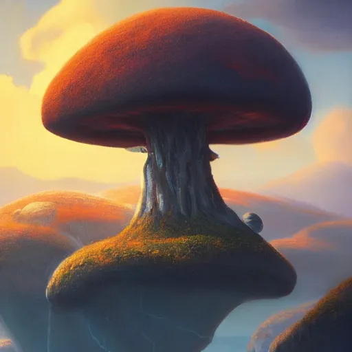 Prompt: a beautiful painting of a giant floating rock, small mushrooms full subject in view, by john harris, mark rothko, rendered in unreal engine, trending on artstation, epic scale fisheye view, deviantart, cyberpunk, 4 k