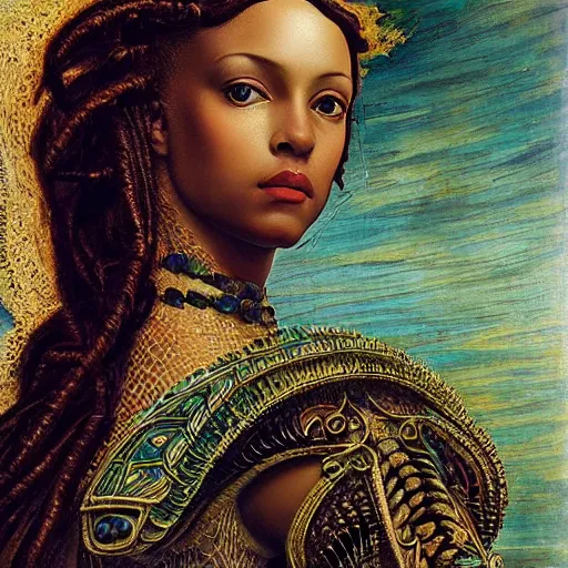 Prompt: intricate detail, hyper detail, african sybil, lady of elche techno mystic princess intergalactica, wearing labradorite full body armor,, hazel green eyes, with aqua neon rapunzel dreadlocks, detailed, by sandro botticelli, gaston bussiere, h. r. giger, masterpiece, sharp focus,