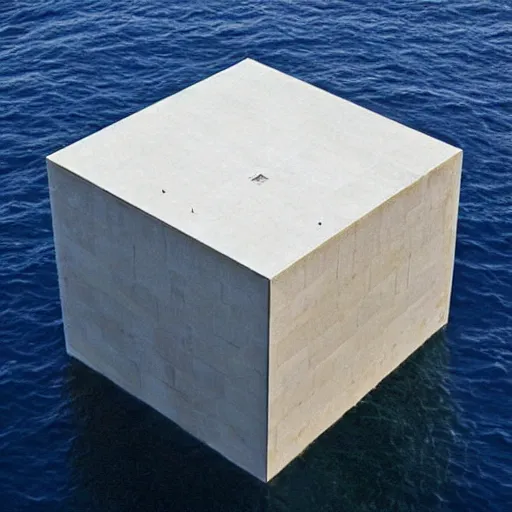 Prompt: a cube in the middle of the sea in the style of Richard Serra