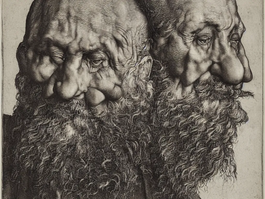 Prompt: profile portrait of the head of an old man eating bread. copper engraving by albrecht durer, august sander