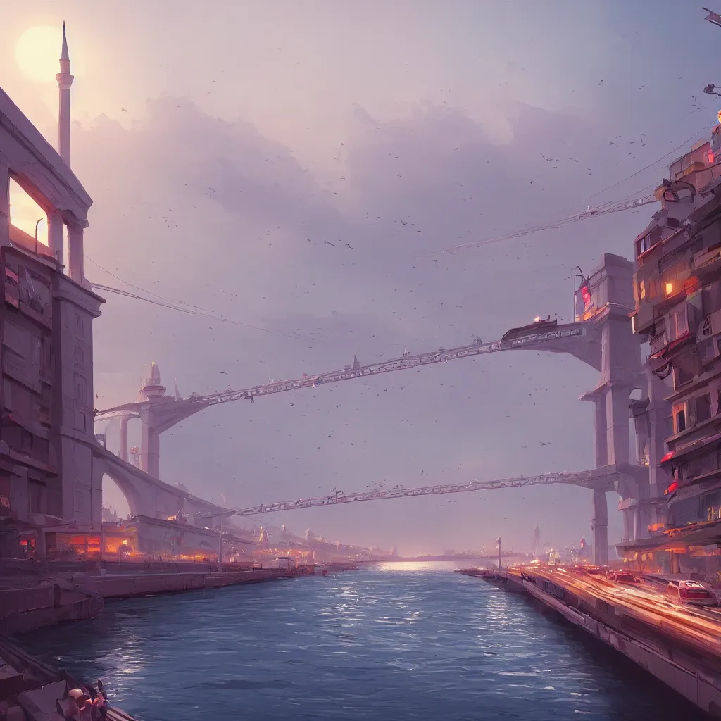 Image similar to a cinematic scene from istanbul bridge, concept art by nick ford and sylvain sarrailh,