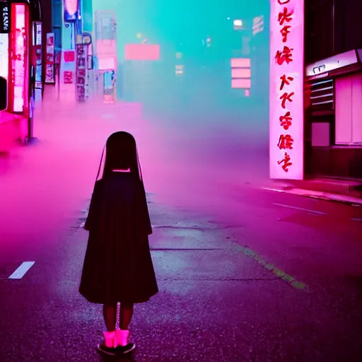 Prompt: a dramatic colorful fujifilm vaporwave photograph of a young japanese girl\'s silhouette standing in the middle of a tranquil nighttime tokyo street. neon signs light the fog with volumetric rays.