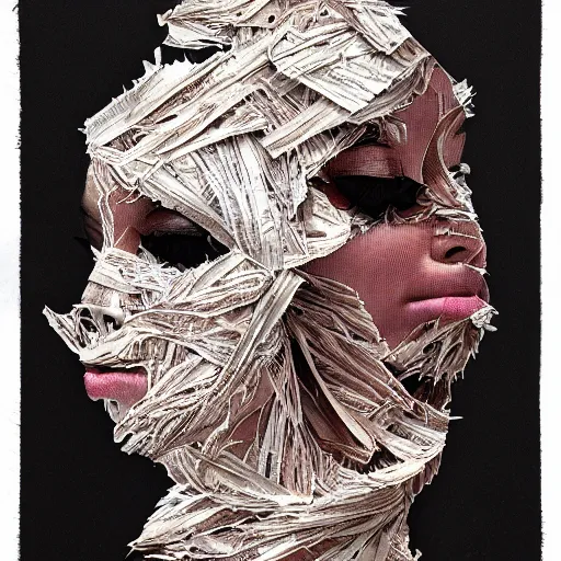 Image similar to face shredded like paper peeling, dark, surreal, illustration, by ally burke