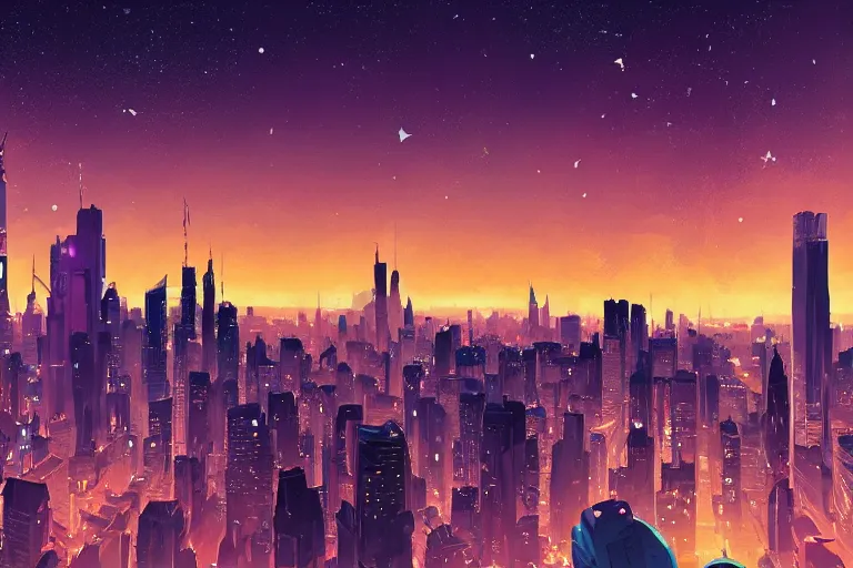 city skyline at dusk with stars and planets stylized